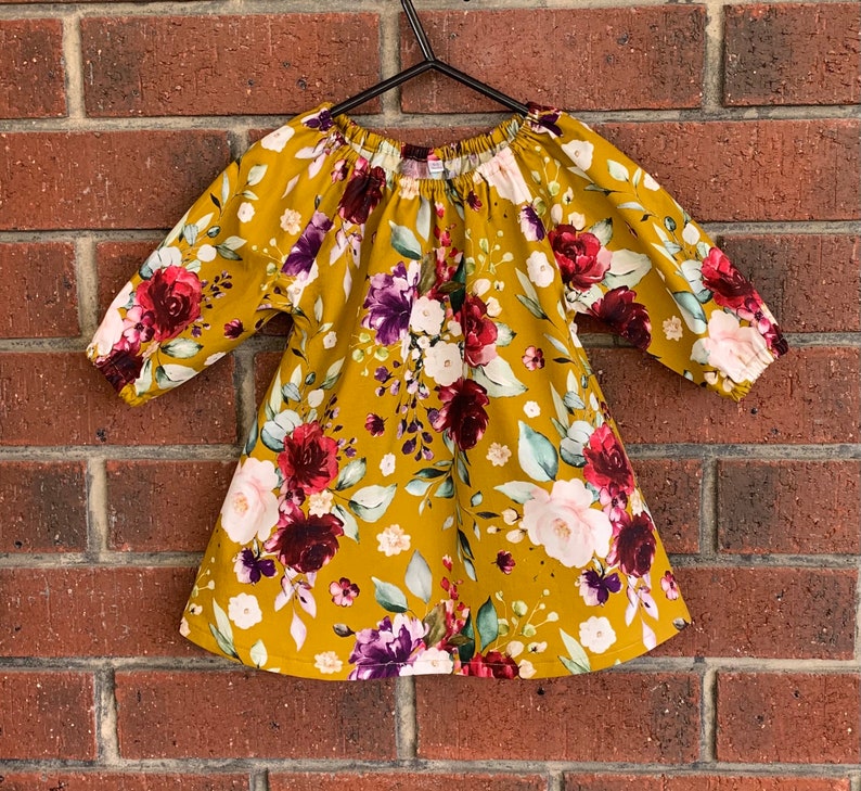 Baby and toddler girl dress mustard floral digital print Australian made