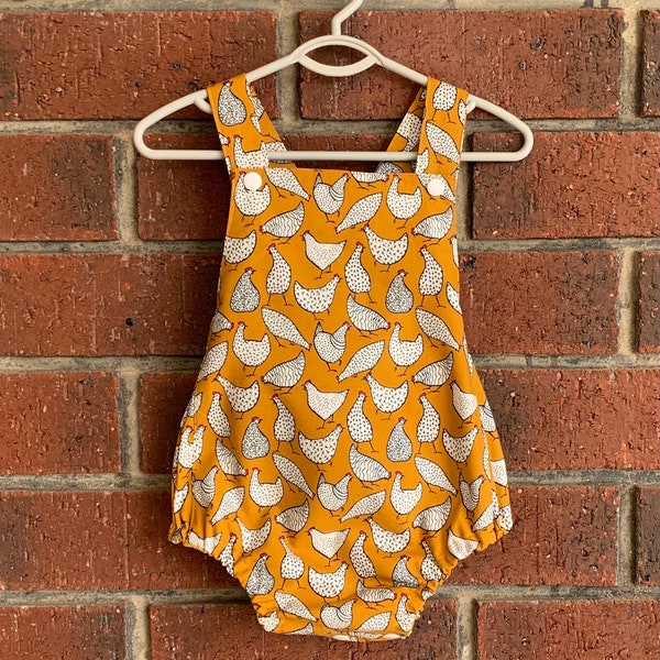 Baby summer unisex romper in mustard chicken print, sizes to 3 years Australian made
