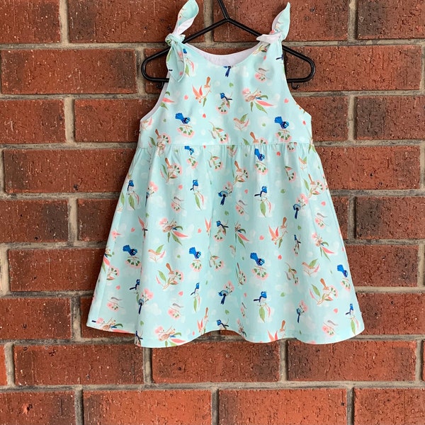 Baby and girl fairy wren print dress Cotton Australian made sizes to 5T