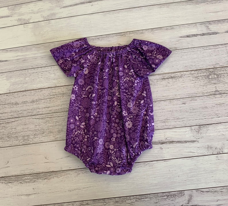 Purple baby and toddler romper suit bubble romper cotton purple fabric short or long sleeves size nb 3 6 12 18 mths 2T