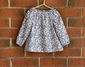 Girl smock top navy and white Floral cotton blouse, made in Australia to size 5