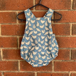 Baby summer unisex romper suit in blue chicken print, sizes to 3 years Australian made