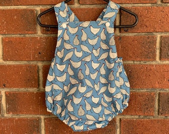 Baby summer unisex romper suit in blue chicken print, sizes to 3 years Australian made