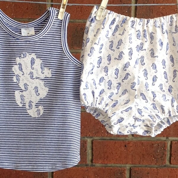 BABY GIRL, Marine Stripe Outfit, Seepferdchen für Windel und Tshirt, Baby Mädchen Kleidung Marine