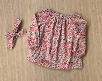 Baby girl cotton blouse pink floral short or long sleeves with matching headband, sizes to 5T, AUSTRALIAN MADE