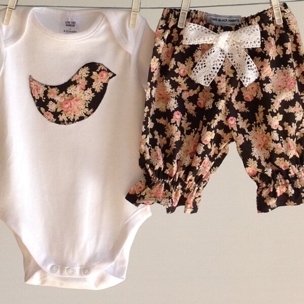 BABY GIRL BLOOMERS, black floral bloomers and bird bodysuit, size 6 12 18 months, baby girl, black floral baby clothes, baby outfit floral