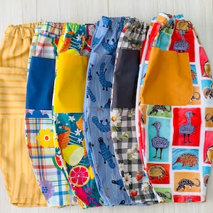 Kids barrel pants with front pockets in various fabric choices, Australian made,