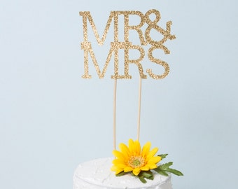 Mr & Mrs Cake Topper, Gold or Silver Glitter Wedding Cake Topper, Bridal Shower Cake Topper