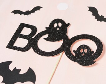 Boo Cake Topper, Boo Ghost, Black Glitter Cake Topper, Cute Halloween Topper