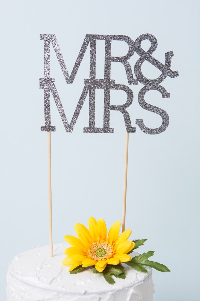 Mr & Mrs Cake Topper, Gold or Silver Glitter Wedding Cake Topper, Bridal Shower Cake Topper image 2