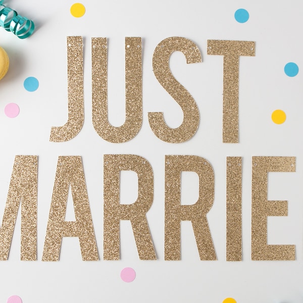 Acaba de casarse Glitter Banner, decoración de la boda, signo recién casado
