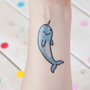 Narwhal Temporary Tattoo, Unicorn of the Sea, Happy Narwhal, Kids Birthday Tattoo image 1