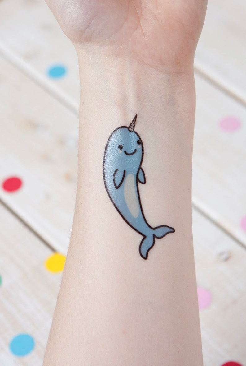 Narwhal Temporary Tattoo, Unicorn of the Sea, Happy Narwhal, Kids Birthday Tattoo image 1