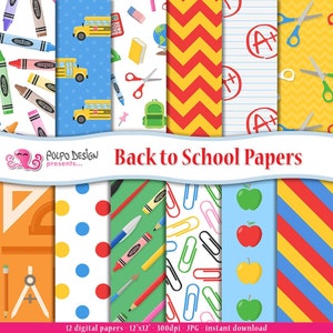 Back to School digital paper. Learning, classroom papers, children papers, seamless paper, seamless patterns, pencils, school paper.