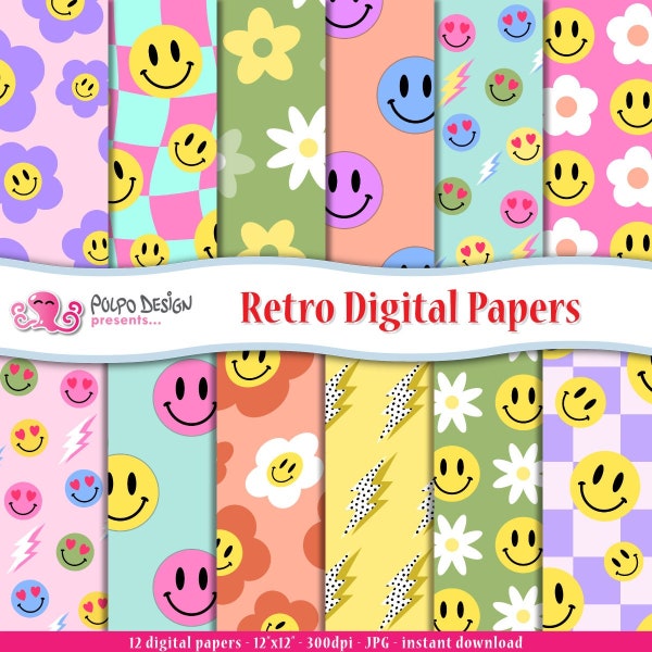 12 Groovy Retro digital papers. Smiley Face seamless pattern, hippy, retro 70s, checker, daisy, psych, psychedelic, preppy patterns.