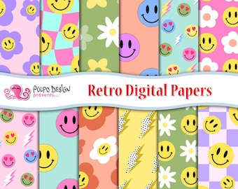 12 Groovy Retro digital papers. Smiley Face seamless pattern, hippy, retro 70s, checker, daisy, psych, psychedelic, preppy patterns.