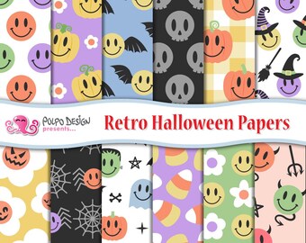 Groovy Retro Halloween digital paper. Smiley Face seamless pattern, hippy, skull, bat, candy corn, frankenstein, witch, vampire, pumpkins.