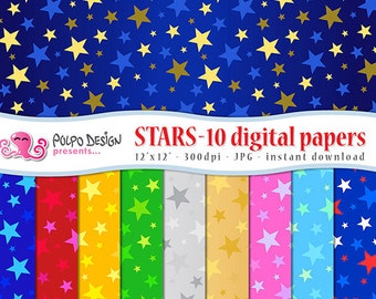 Star digital paper. Commercial and personal use. Instant Download. Gold Silver blue red yellow green star patterns. Seamless digital paper.