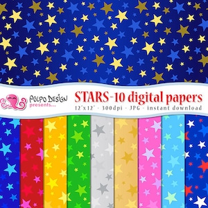 Star digital paper. Commercial and personal use. Instant Download. Gold Silver blue red yellow green star patterns. Seamless digital paper.