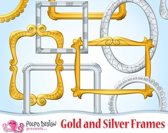 Gold and Silver frame Clip Art. Digital frame. Scrapbooking golden frame, wedding invitation. Instant Download. Commercial & personal Use.