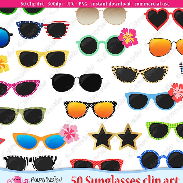 50 Sunglasses clipart. Digital sunglasses clip art, pool party clipart, shades clip art, summer clipart, summer clip art. Instant Download.