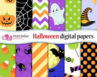 Halloween Digital Paper. Scrapbook Backgrounds. Commercial & Personal Use. Instant Download. Pumpkin, bats, black cat, spiderweb, candy corn