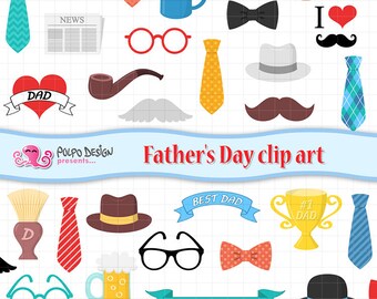 Clip art del Día del Padre. Padre día clip art, mejor papá, bigote, sombrero, pajarita, corbatas, premio trofeo, cepillo de afeitar, papá scrapbooking digital