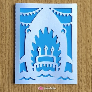 Tarjeta de cumpleaños de tiburón en formato SVG, Eps, Dxf y Png. Archivos vectoriales digitales ideales para máquinas de corte como Silhouette Studio Cameo, Cricut, etc.