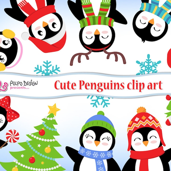 Imágenes prediseñadas de Pinguinos lindos. Libro de recortes de pinguinos de Navidad, clip art de invierno, PNG Penguins, igloo clipart, pájaros de navidad clipart, pinguinos digitales.