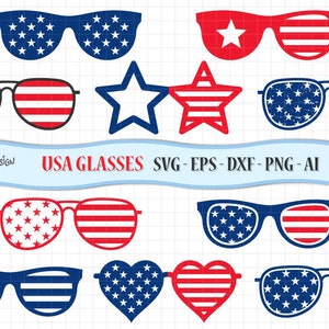 4th of July Glasses svg. Clip art in Svg, Eps, Dxf, AI and Png. Distressed Sunglasses, USA heart, American flag glasses. Instant Download.
