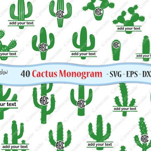 Könnte beinhalten: Ein Set mit 40 Kaktus-Monogramm-Designs in Grün mit schwarzem Text. Die Designs umfassen verschiedene Kaktusformen und -größen mit dem Text "füge deinen Text hinzu" und "ABC" in einem Kreis.