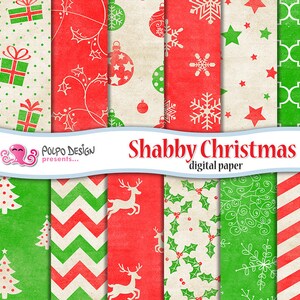 Shabby Christmas Digital Paper. Scrapbook vintage backgrounds. Commercial & Personal Use. Instant Download. Shabby paper grungy xmas texture