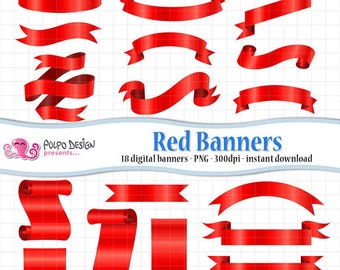 Red Banners clipart. Commercial & personal Use. Instant Download. PNG scrapbook, red ribbons, red label, Christmas banner badge red flag tag