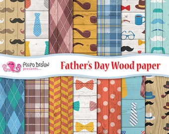 Carta digitale di Father's Day Wood. Modello Happy Fathers Day, sfondo del padre, texture in legno del Giorno del Papà. Papà cravatta, papillon, cappelli con pipa argyle