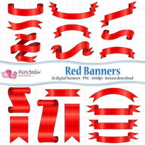 Red Banners Clipart. Kommerzielle & persönliche Nutzung. Sofort Download. PNG Scrapbook, rote Schleife, rotes Label, Weihnachts Banner mit roter Fahne