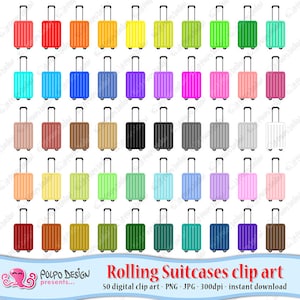 50 coloridas imágenes prediseñadas de Rolling Suitcase. Clip art de maleta digital, clipart de equipaje rodante, maleta de viaje maletas con ruedas maletas clipart