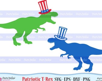 Patriotic T-Rex SVG, Eps, Dxf and Png. Digital vector files ideal for cutting machines such as Silhouette Studio Cameo, Cricut, ScanNCut etc