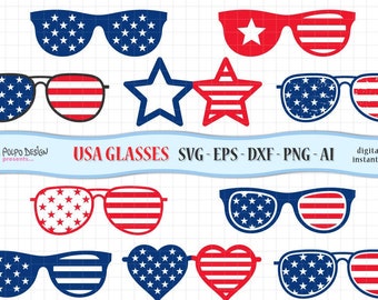 4th of July Glasses svg. Clip art in Svg, Eps, Dxf, AI and Png. Distressed Sunglasses, USA heart, American flag glasses. Instant Download.