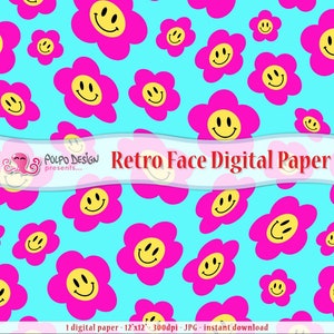 Carta digitale con fiori sorridenti psichedelici retrò rosa e blu. Motivo senza soluzione di continuità, hippy, groovy, anni '70, vintage, margherita, psichedelico, preppy, estetico.