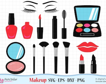 Makeup SVG, Eps, Dxf and Png. Vector files ideal for cutting machines such as Silhouette Studio Cameo, Cricut, ScanNCut etc. Makeup clipart.