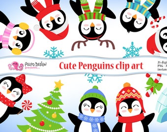 Cute Penguins clipart. Christmas penguin scrapbook, winter clip art, PNG Penguins, igloo clipart, christmas birds clipart, digital penguins.