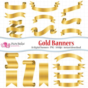 Digitale gold Banner ClipArt. Kommerzieller & persönlicher Gebrauch.Instant Download. Scrapbook Clipart Banner Band Bänder Tag Etiketten Hochzeit golden