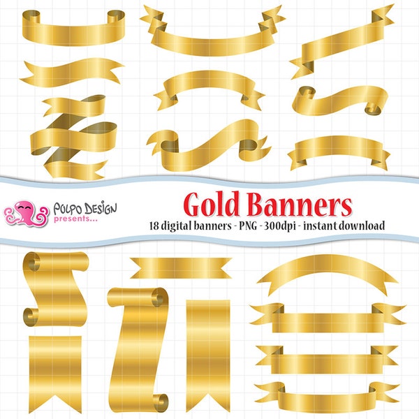 Digital gold banners clip art. Commercial & personal Use.Instant Download. scrapbook clipart banner ribbon ribbons tag labels wedding golden