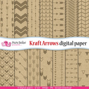 Carta digitale Kraft Arrows. Uso commerciale e personale. Download istantaneo. Modelli di frecce marroni su sfondi di carta kraft. Carta Tribal Craft
