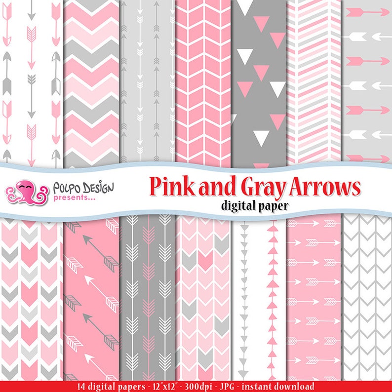 Pink and Gray Arrows Digital Paper. Commercial & Personal Use. Instant Download. Tribal peach, coral and grey arrow patterns backgrounds. image 1