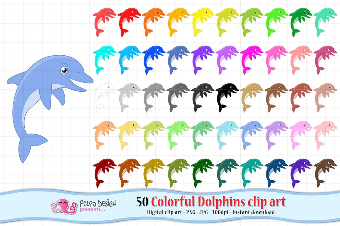 50 Colorful Dolphin Clipart. Digital Dolphin Clip Art Dolphin - Etsy