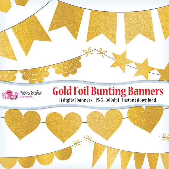 Gold Foil Bunting Banners Clipart Digital Clip Art Commercial