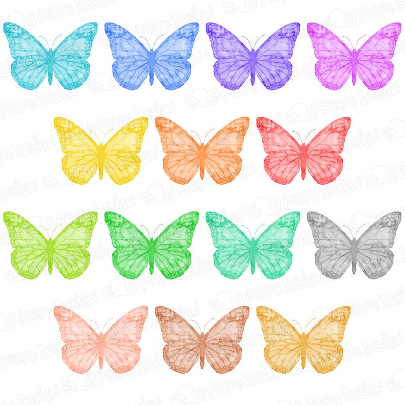 May include: Set of twelve watercolor butterfly illustrations in various colors, including blue, green, yellow, orange, pink, and purple. The butterflies are arranged in three rows of four, with each butterfly facing forward.