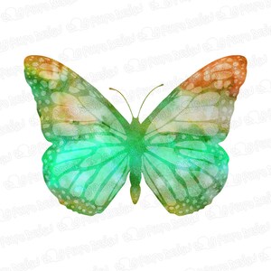May include: A watercolor painting of a butterfly with green, blue, and orange wings. The butterfly is in flight and has a white background.