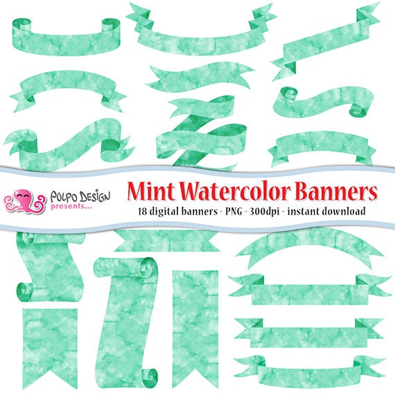 Mint Watercolor Banners Clipart Digital Clip Art Commercial